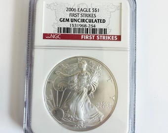 2006 Silver Eagle Dollar, NGC Gem Uncirculated, First Strikes, Collectible Bullion Coin