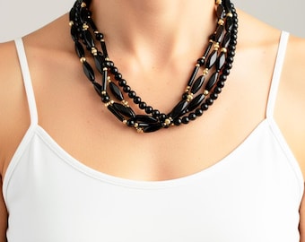 1960s Black Multi Strand Necklace: Vintage Costume Jewelry