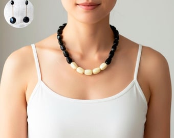 Vintage Monet Necklace and Clip-on Earrings Set: Black & White Acrylic, 1960s Costume Jewelry