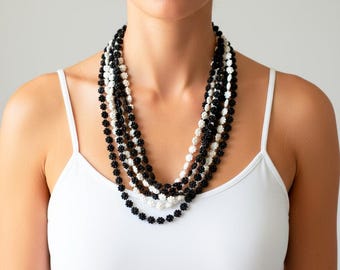 Vintage 1960s Beaded Flower Necklace: Black and White Costume Jewelry