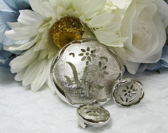 Vintage Sarah Coventry Brooch and Earrings Set: 1960s Silver Flower Jewelry
