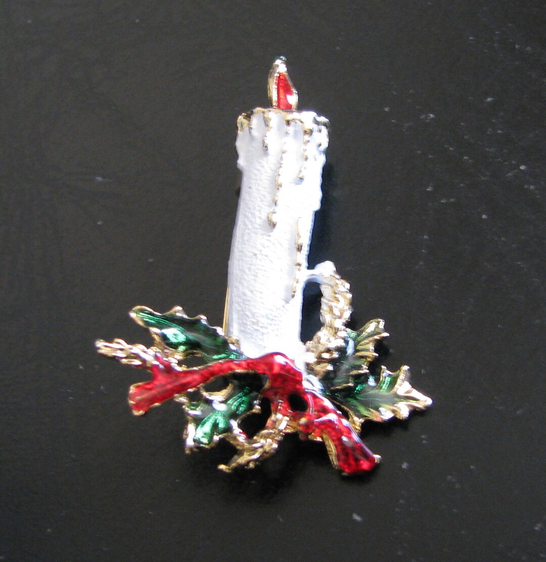 Vintage Christmas Candle Brooch, Vintage Holiday Jewelry, Christmas