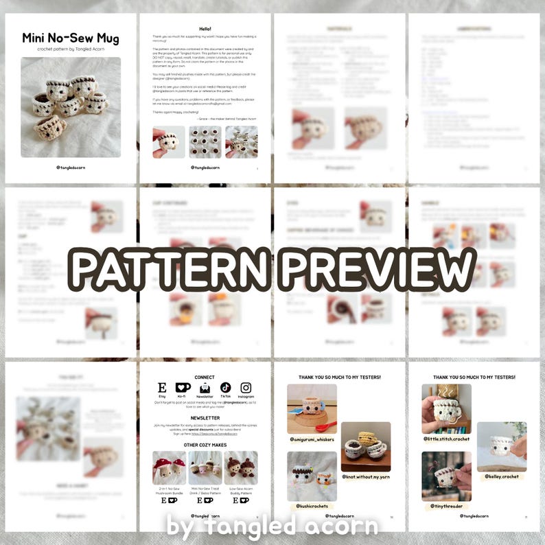 May include: A crochet pattern preview titled "Mini No-Sew Mug" by Tangled Acorn. The pattern includes instructions and images of the finished product, small crocheted mugs. The text "PATTERN PREVIEW" is prominently displayed.