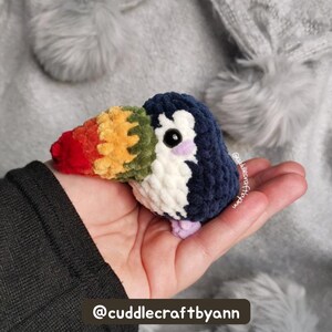 Rainbow toucan crochet plush in original pattern colors held in a hand against a soft, fluffy white background, with tester name displayed.