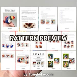 Preview collage showing blurred pages from the Rainbow Toucan crochet pattern PDF with text overlay indicating it is a pattern preview.