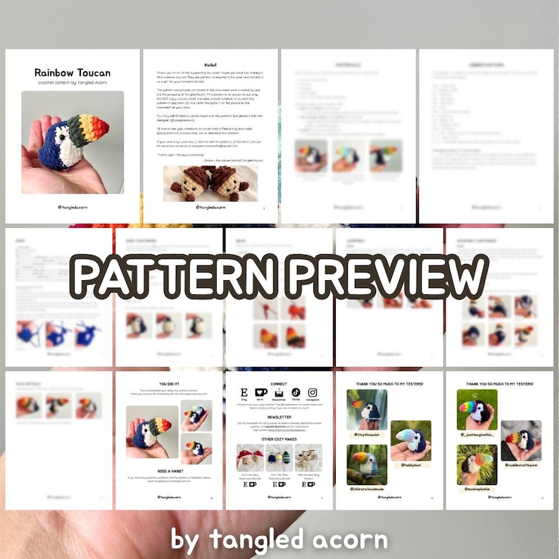 Preview collage showing blurred pages from the Rainbow Toucan crochet pattern PDF with text overlay indicating it is a pattern preview.