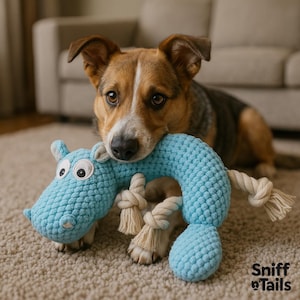 Plush Rope Hippo Dog Toy – 25cm Soft Blue Tug Toy for Small & Medium Dogs – Durable Chew Toy with Knotted Rope Legs