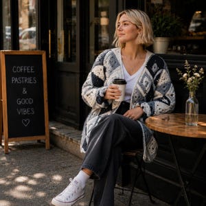 May include: A long-sleeved cardigan made of crocheted granny squares in shades of charcoal, slate gray, and cream. The garment features a V-neckline and an open front design, worn over a plain white V-neck t-shirt and dark gray denim jeans.