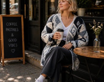 Granny Square Cardigan Crochet Pattern PDF, Oversized Boho Crocheted Jacket, Beginner Friendly Cozy Patchwork Sweater, Instant Download