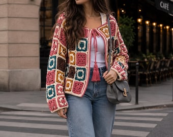 Granny Square Cardigan Crochet Pattern PDF | Easy Crochet Cardigan | Boho Patchwork Sweater | Women's Crochet Pattern S/M–2LX