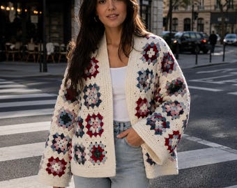 Classic Granny Square Cardigan Crochet Pattern PDF, Oversized Crochet Jacket Tutorial, Boho Granny-Square Sweater XS-5XL DIY