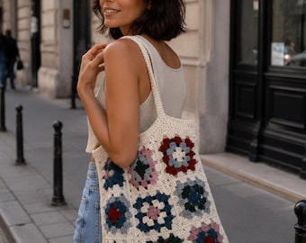 Granny Square Tote Bag Crochet Pattern PDF, Crochet Market Bag Pattern, Boho Crochet Shoulder Bag, Beginner Tote Bag Tutorial