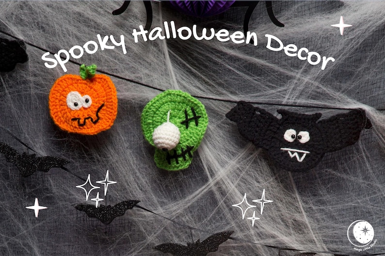 Pumpkin, Zombie and Bat Garland crochet pattern listing photo by MagicLittleStudio