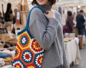 Granny Square Tote Bag Crochet Pattern PDF, Colorful Crochet Bag Pattern, Market Tote, Boho Shoulder Bag, Hexagon Tote DIY