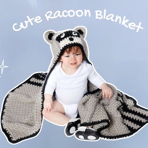 Schema all&#39;uncinetto per coperta con cappuccio a forma di procione in formato PDF: graziosa coperta per neonati a forma di animale, accogliente coperta all&#39;uncinetto per bambini, coperta per bambini piccoli con cappuccio
