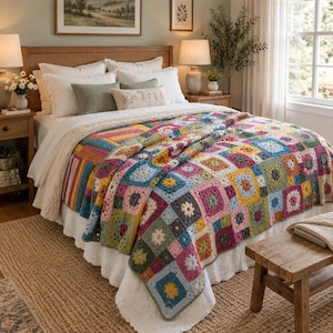 May include: A handmade crochet blanket featuring a vibrant patchwork of multi-colored granny squares in shades of pink, yellow, blue, green, and grey. The blanket is draped over a bed with white bedding, showcasing a detailed yarn texture.