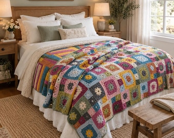 Granny Square Blanket Crochet Pattern, Colorful Crochet Afghan PDF, Floral Block Throw Pattern, Worsted Yarn Blanket, Instant Download