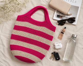 Crochet Striped Tote Bag Pattern | Sport Weight Tote Bag PDF | Everyday Crochet Bag | Market Tote Pattern, Reusable Shopping Tote