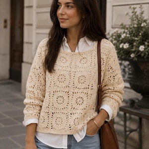 Puede incluir: Un suéter de ganchillo color crema con un motivo de cuadrados y centros circulares, usado sobre una camisa blanca de cuello abotonado y jeans azul claro, combinado con un bolso de hombro de cuero marrón con una hebilla dorada.