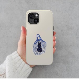メッシュトートバッグ型携帯電話ケース「猫」 - ペット愛好家のための丈夫な保護iPhoneカバー | ミニマリストな黒猫のラインアートデザイン、クールガールスタイル
