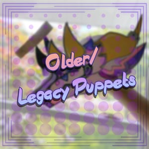 Puede incluir: Una colorida marioneta con un diseño de cabeza de animal estilizado, con tonos de morado, rosa y amarillo. El texto "Older/ Legacy Puppets" se muestra en una fuente degradada. El fondo está borroso con un patrón de puntos.