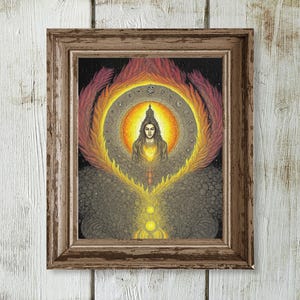 Puede incluir: Rompecabezas enmarcado con una ilustración espiritual. La obra muestra una figura central rodeada de un aura dorada y patrones coloridos y detallados. El marco es de madera envejecida, lo que añade un toque rústico a la pieza.