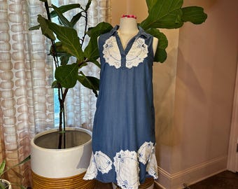 Upcycled Denim Shift Dress with Vintage Blue and White Doily Apliqués