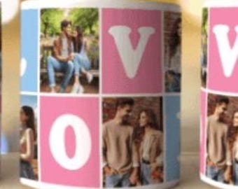 Tasse mit LOVE-Blockmuster | Rosa-blaue Herzbuchstaben