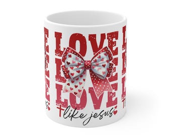Tasse mit Herzschleife „Liebe wie Jesus“ | Christliche Kaffeetasse mit Herzschleifen-Design