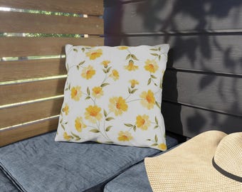 Yellow Floral Pattern Outdoor Pillow | Dainty Watercolor Blossoms