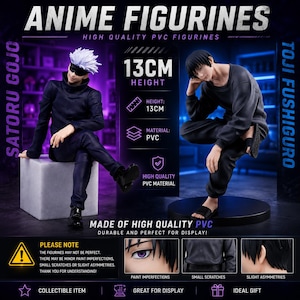 May include: Two PVC anime figurines, Satoru Gojo and Toji Fushiguro, each 13cm tall. Satoru Gojo wears a black outfit with a blindfold, sitting on a white block. Toji Fushiguro wears a black long-sleeve shirt and pants, sitting on a black base.