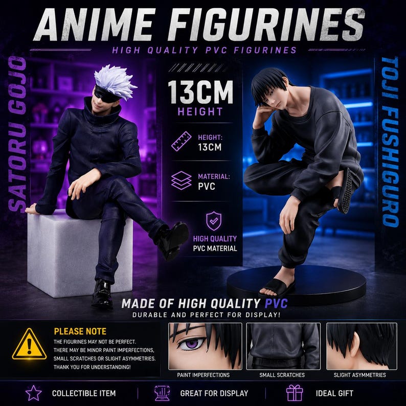 May include: Two PVC anime figurines, Satoru Gojo and Toji Fushiguro, each 13cm tall. Satoru Gojo wears a black outfit with a blindfold, sitting on a white block. Toji Fushiguro wears a black long-sleeve shirt and pants, sitting on a black base.