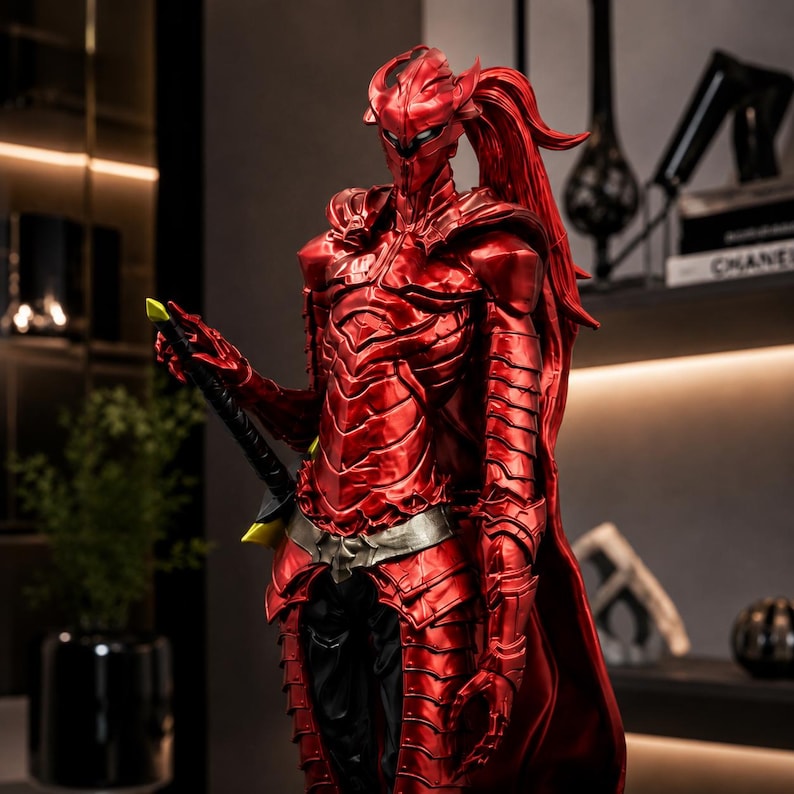 May include: A detailed figurine of a warrior clad in metallic red segmented armor with a high ponytail, wearing a silver waist belt, and holding a sword with a black handle and yellow accents. The figure features a full-face helmet design.