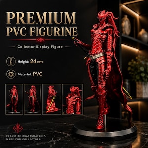 May include: A red PVC figurine of a warrior in ornate armor with a sword, standing on a black circular base. The text reads PREMIUM PVC FIGURINE, Collector Display Figure, Height: 24 cm, Material: PVC, and EXQUISITE CRAFTSMANSHIP, MADE FOR COLLECTORS.