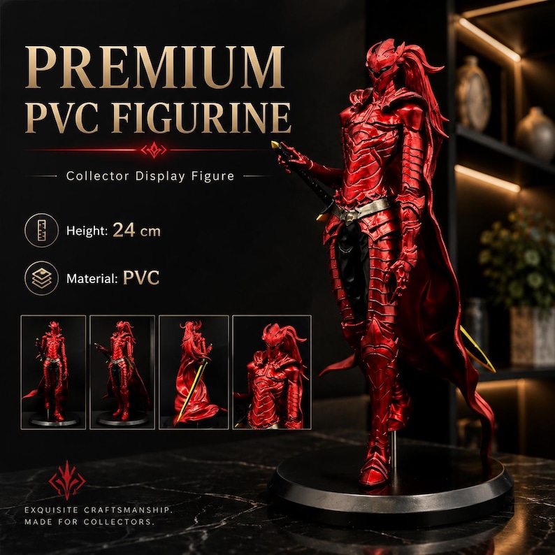 May include: A red PVC figurine of a warrior in ornate armor with a sword, standing on a black circular base. The text reads PREMIUM PVC FIGURINE, Collector Display Figure, Height: 24 cm, Material: PVC, and EXQUISITE CRAFTSMANSHIP, MADE FOR COLLECTORS.