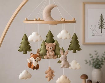 Woodland Felt Baby Mobile, Forest Animals, Moon, Clouds, Nature Nursery Decor