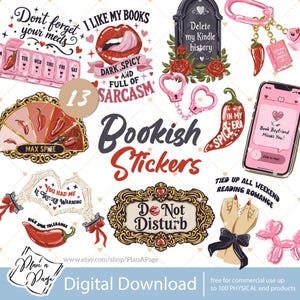 May include: A collection of thirteen digital stickers featuring various illustrations including a pill organiser, red lips, a tombstone, handcuffs, chilli peppers, a smartphone, skeleton hands, and ornate frames with text such as Don't forget your meds, Bookish Stickers, and Do Not Disturb.
