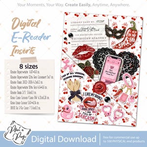 May include: A digital e-reader insert set featuring a cherry-patterned background with stickers of a library card, red lips, a chili pepper with text 'IN MY SPICE ERA', a smartphone, a rose wax seal, and text 'I LIKE MY BOOKS DARK, SPICY AND FULL OF SARCASM'.