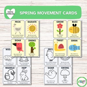 Schede di movimento primaverile per bambini in età prescolare, attività motorie grossolane, carte del Circle Time a tema natura, pausa di riflessione e gioco all'aperto stampabili