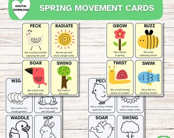 Voorjaarsbewegingskaarten voor peuters Kleuterschool Brutomotorische activiteit Natuurthema Cirkel Tijdkaarten Hersenpauze en buitenspelen Afdrukbaar