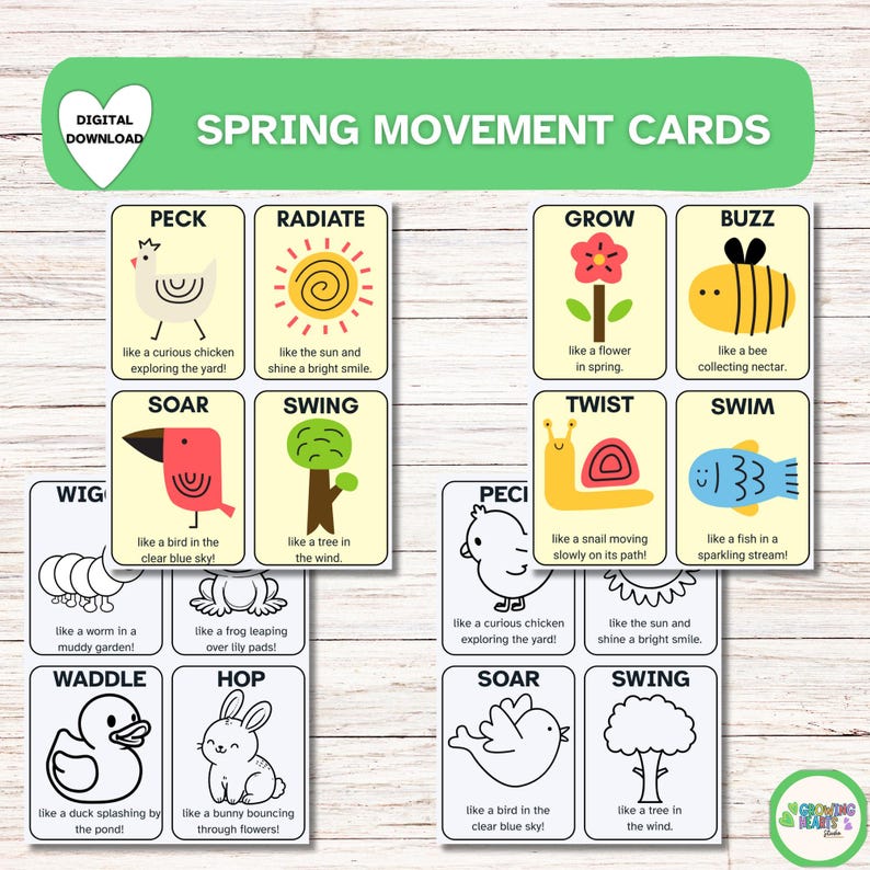 May include: Spring Movement Cards featuring vibrant illustrations of animals and nature. Each card depicts a different action, including "Peck," "Soar," and "Waddle," with descriptive text. These cards are designed for educational purposes.