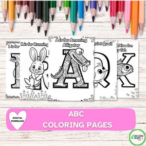 ABC Coloring Pages for Kids, Alphabet Printable with Fun Phrases, A to Z Coloring Sheets for Toddlers & Preschool, Instant Download