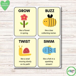 May include: Four illustrated cards with the words "GROW", "BUZZ", "TWIST", and "SWIM". Each card features a colourful drawing of a flower, bee, snail, and fish, with descriptive phrases below each image. The words "DIGITAL DOWNLOAD" are in the upper left.