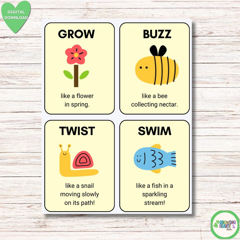 May include: Four illustrated cards with the words "GROW", "BUZZ", "TWIST", and "SWIM". Each card features a colourful drawing of a flower, bee, snail, and fish, with descriptive phrases below each image. The words "DIGITAL DOWNLOAD" are in the upper left.