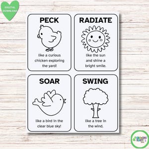 May include: A digital download with four illustrated cards. The cards feature the words PECK, RADIATE, SOAR, and SWING, each accompanied by an image: a chick, a smiling sun, a bird, and a tree. Each card has a descriptive phrase.