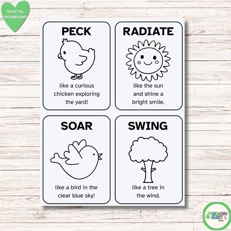 May include: A digital download with four illustrated cards. The cards feature the words PECK, RADIATE, SOAR, and SWING, each accompanied by an image: a chick, a smiling sun, a bird, and a tree. Each card has a descriptive phrase.
