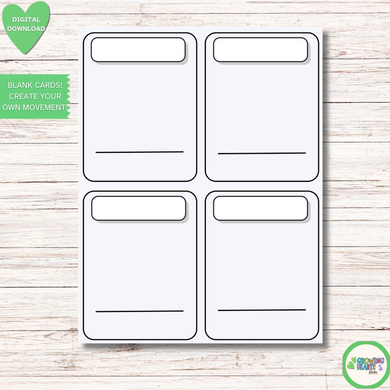 May include: A digital download featuring four blank cards with white space and black borders. Each card has a rectangular area at the top and a line at the bottom. The text "BLANK CARDS! CREATE YOUR OWN MOVEMENT" is displayed.