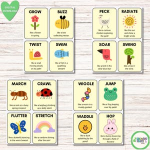 May include: A collection of 16 flashcards, each with a vibrant illustration and a word describing an action, such as "Grow" or "Wiggle." The cards feature images like a flower, bee, or worm, alongside a descriptive sentence. Ideal for educational use.