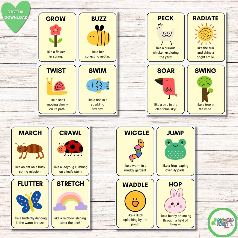 May include: A collection of 16 flashcards, each with a vibrant illustration and a word describing an action, such as "Grow" or "Wiggle." The cards feature images like a flower, bee, or worm, alongside a descriptive sentence. Ideal for educational use.