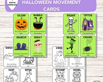 Karty ruchu na Halloween dla maluchów, zajęcia z motoryki dużej w przedszkolu, karty do nauki kręgu o tematyce przyrodniczej, przerwa na mózg i zabawa na świeżym powietrzu do druku